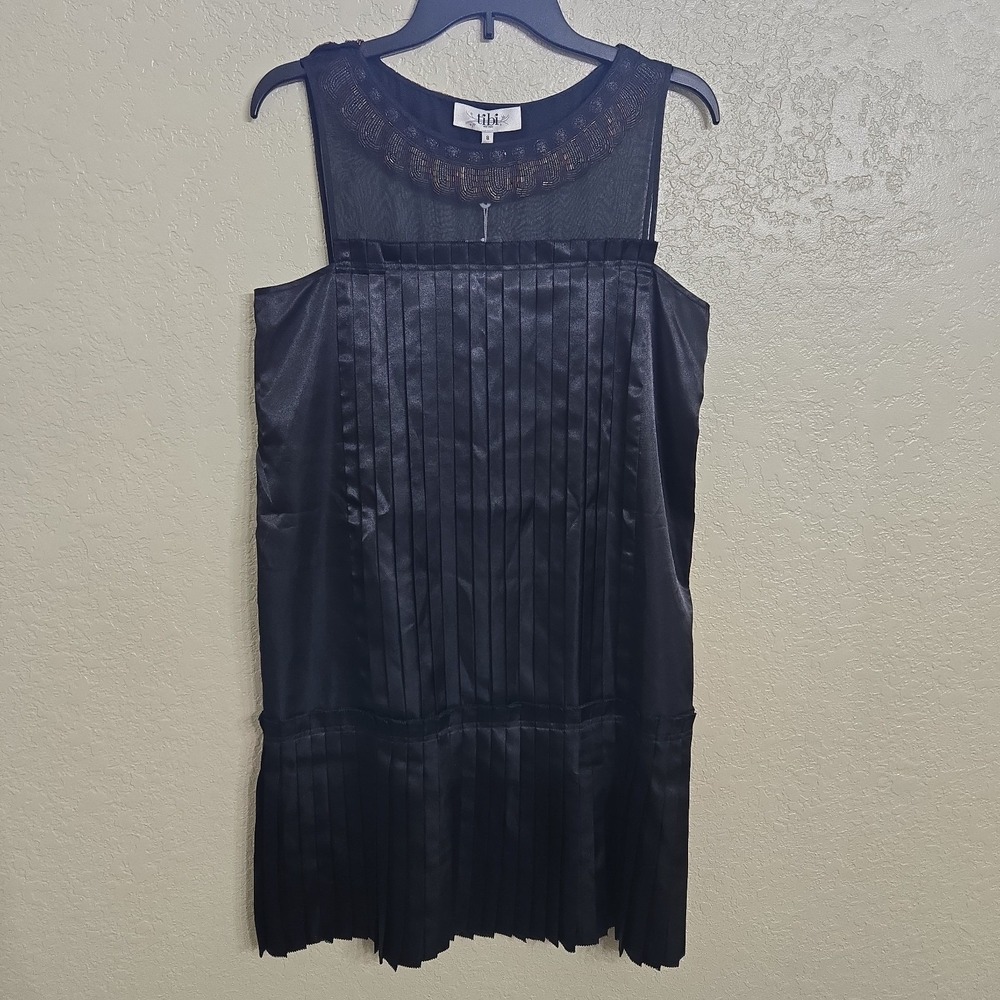 Vintage Tibi Silk Organza Lined Pleated Drop Waist Mini Dress Black Beaded 8 NWT